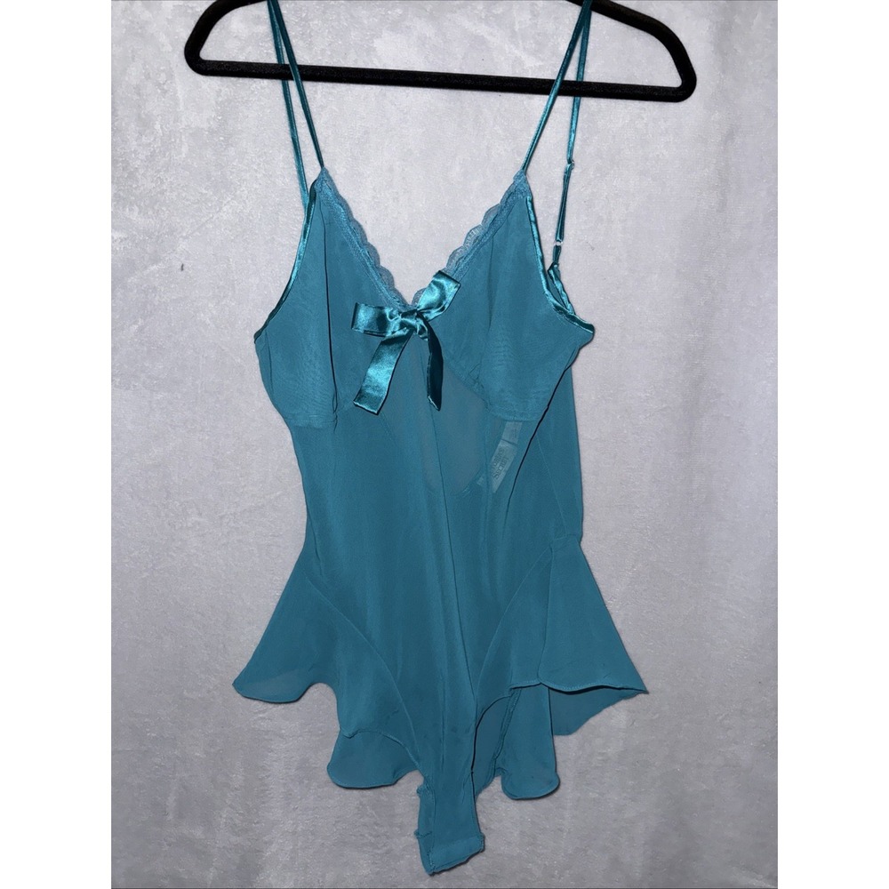 Vintage Victoria's Secret Gold Label Teal Sheer Nightgown M Bow Ruffle Lingerie